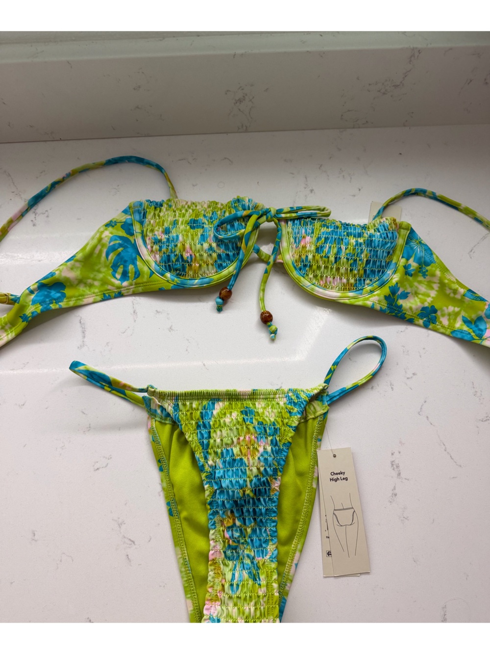 Womens Lime & Blue Floral Smocked Bikini Set